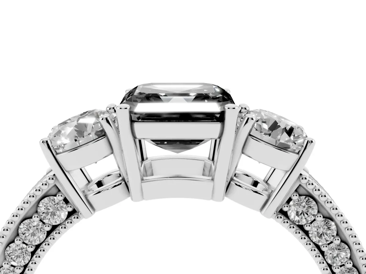 Fancy Black Asscher Cut Three-Stone Diamond Ring with Pavé Band and Four-Prong Setting Silver