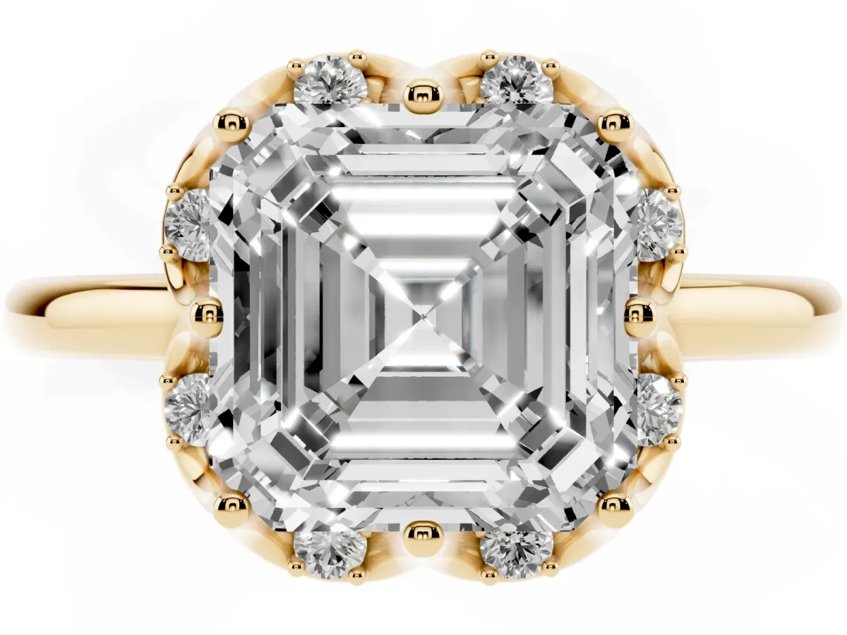 Asscher Cut Halo Diamond Ring with Round Cluster Setting, Solitaire Band, and Four-Prong Setting Yellow gold