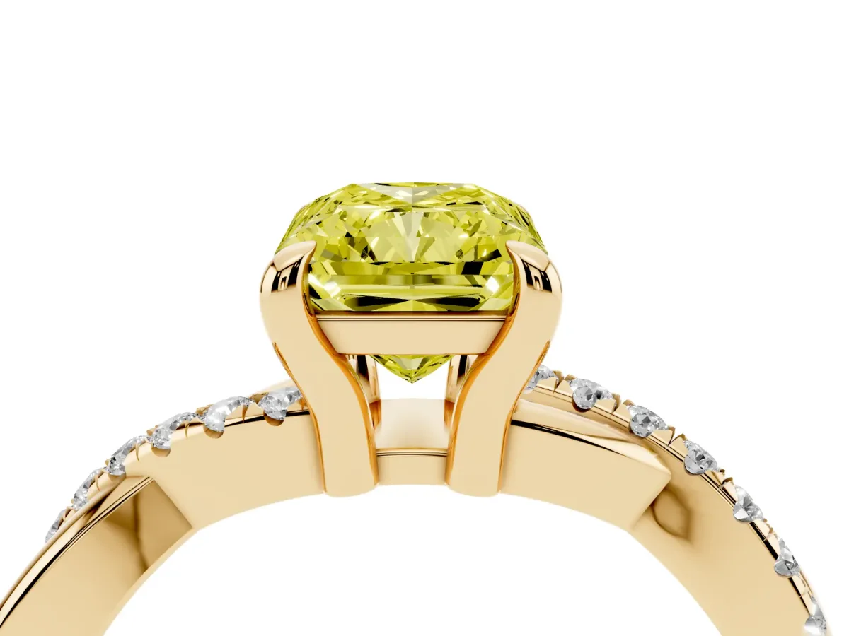 Fancy Yellow Radiant Cut Cut Diamond Twist Band Solitaire with Prong Setting Yellow gold