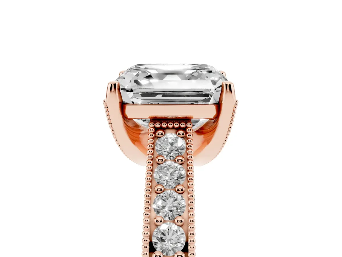 Asscher Cut Cut Diamond Solitaire Ring with Milgrain Pave Band and Four Prong Setting Rose gold