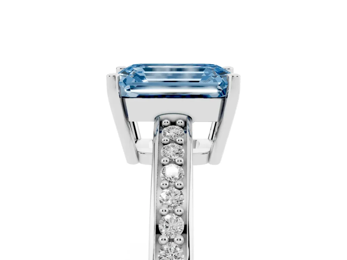 Fancy Blue Emerald Cut Solitaire Pavé Band Prong Setting Ring White gold