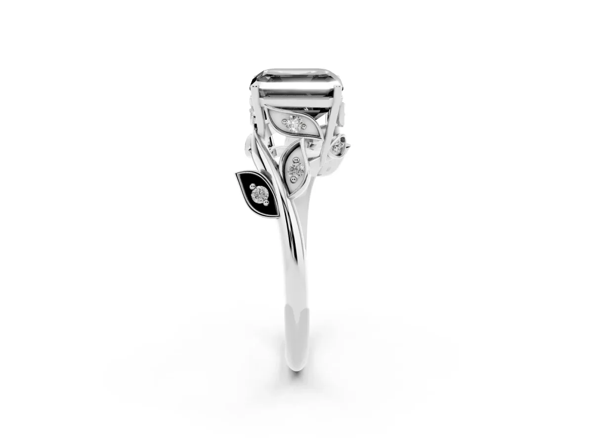 Fancy Black Asscher Cut Solitaire Twist Engagement Ring with Leaf Accents and Prong Setting White gold