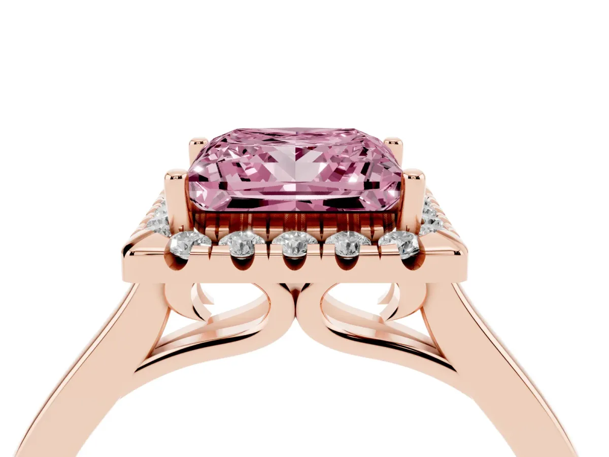 Fancy Pink Princess Cut Halo Round Diamond Solitaire Ring with Pavé Band and Four-Prong Setting Rose gold