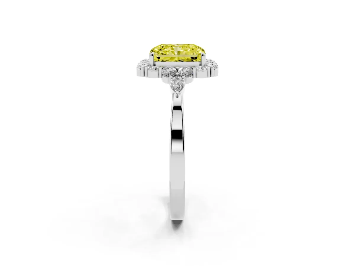 Fancy Yellow Radiant Cut Diamond Halo Ring with Pear Side Stones and Prong Setting Silver