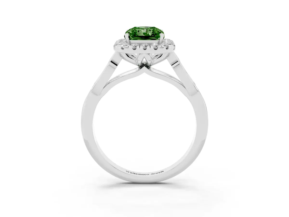 Fancy Green Radiant Cut Halo Diamond Engagement Ring with Filigree Band and Four-Prong Setting Platinum