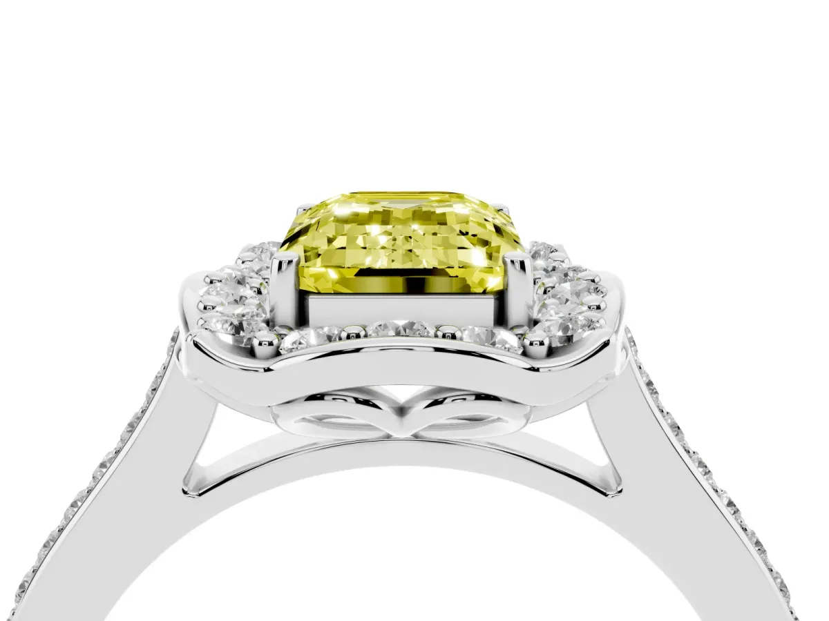 Fancy Yellow Emerald Cut Halo Round Diamond Pave Band with Four-Prong Setting Silver