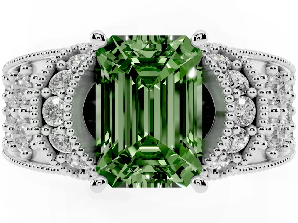 Fancy Green Emerald Cut Halo Pave Diamond Engagement Ring with Milgrain Detailing White gold