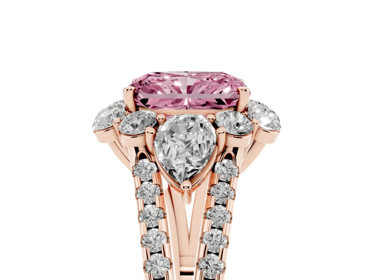 Fancy Pink Radiant Cut Halo Split Shank Diamond Engagement Ring with Prong Setting Rose gold