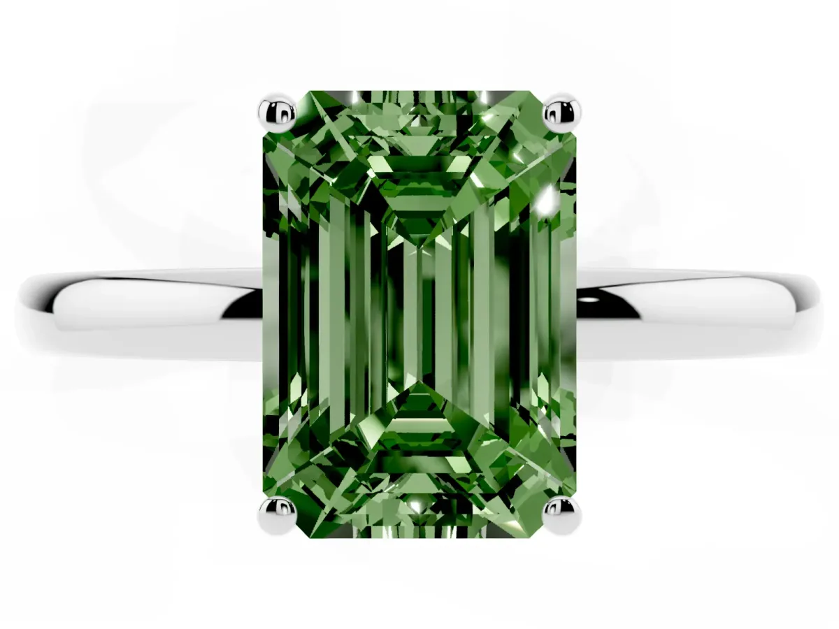 Fancy Green Emerald Cut Solitaire Diamond Ring with Prong Setting and Plain Band Silver