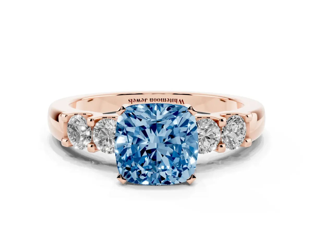 Fancy Blue Cushion Cut Brilliant Cut Diamond Five-Stone Prong Set Engagement Ring with Channel Band Rose gold