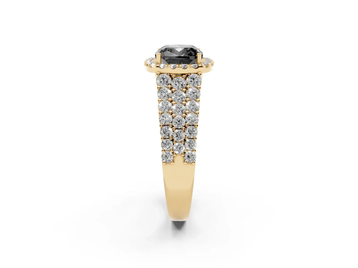 Fancy Black Cushion Cut Diamond Halo Engagement Ring with Triple Row Round Pavé Band and Prong Setting Yellow gold