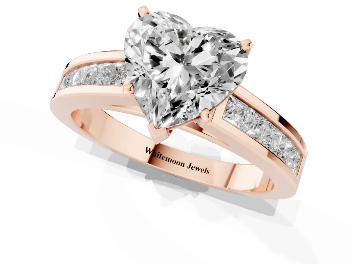 Heart Cut Solitaire Diamond Ring with Channel-Set Band and Four-Prong Setting Rose gold