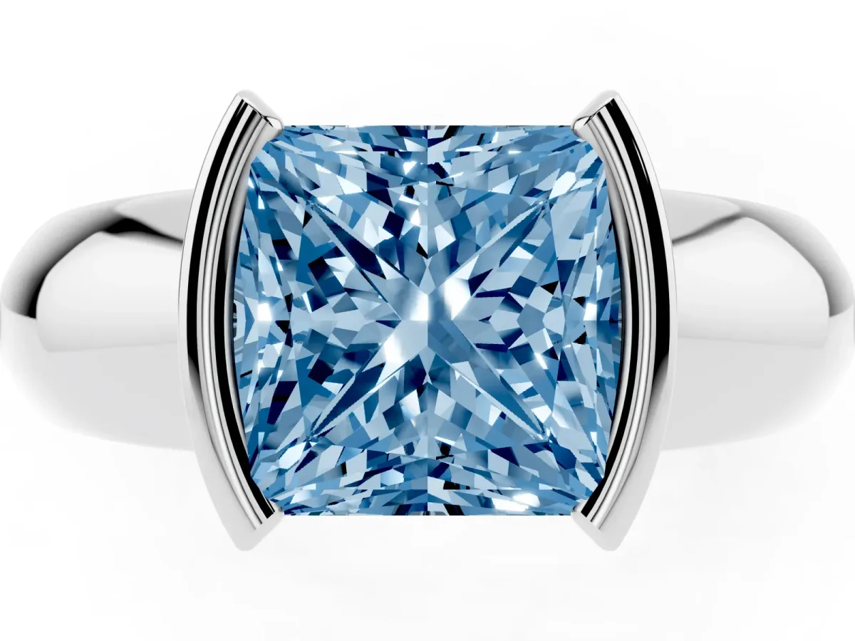 Fancy Blue Princess Cut Solitaire Tension Set Diamond Ring with Wide Band Silver