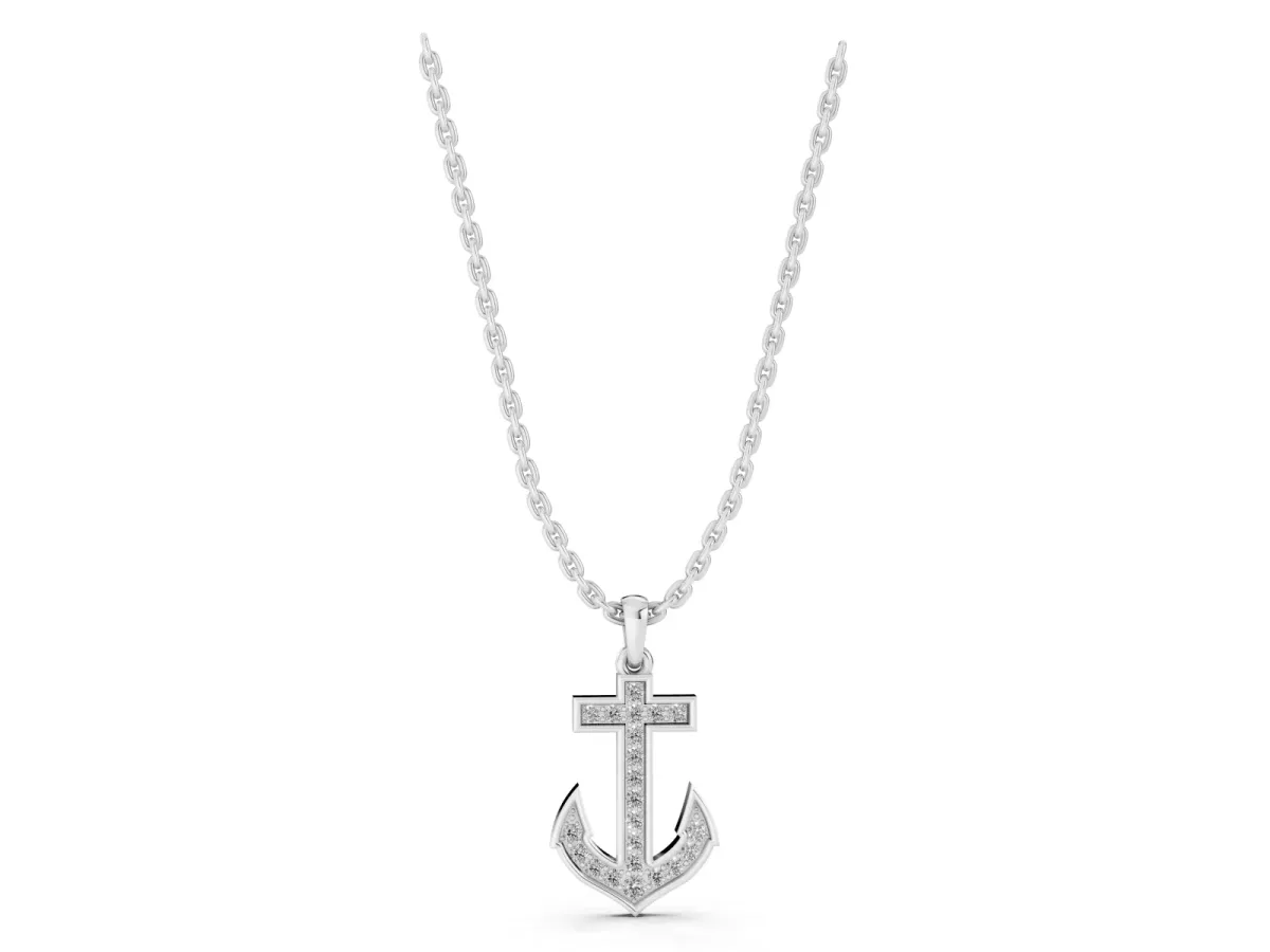 Pavé Round Diamond Anchor Pendant with Four-Prong Setting White gold