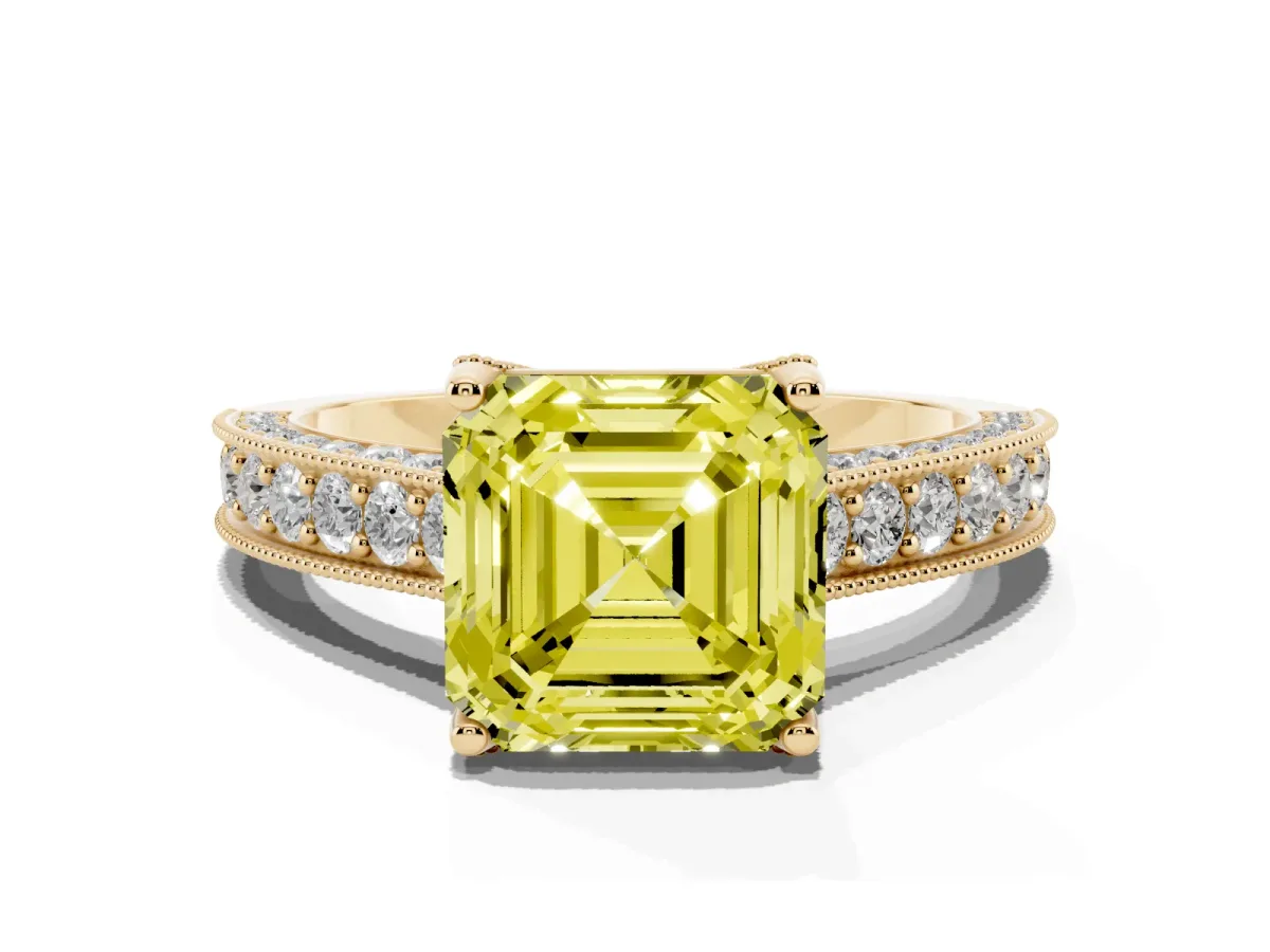 Fancy Yellow Asscher Cut Cut Diamond Solitaire Ring with Milgrain Pave Band and Four Prong Setting Yellow gold