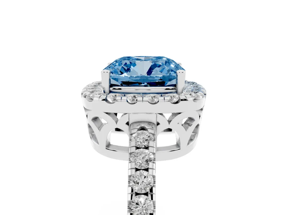 Fancy Blue Cushion Cut Halo Diamond Engagement Ring with Pavé Band and Four-Prong Setting Platinum