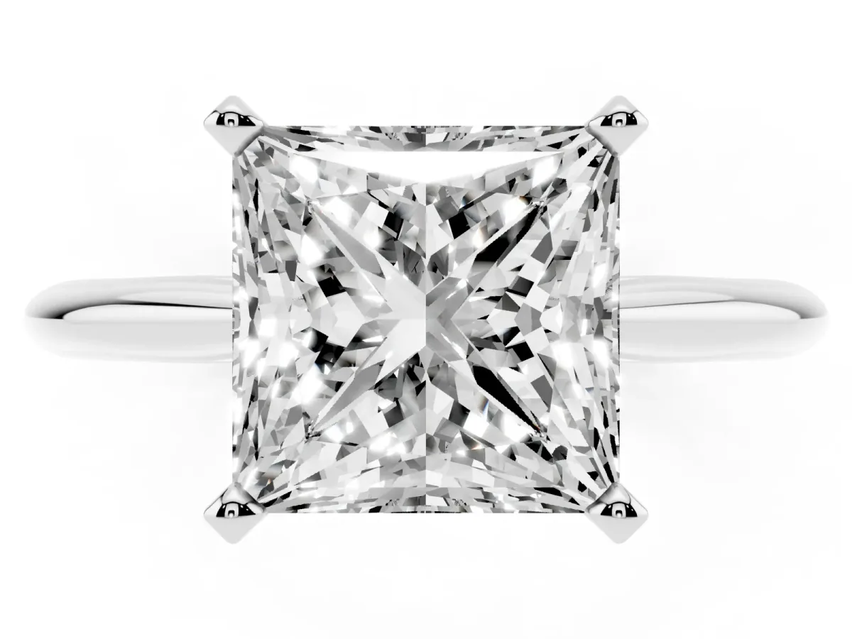 Princess Cut Cut Solitaire Ring with Four-Prong Setting on a Classic Band Platinum