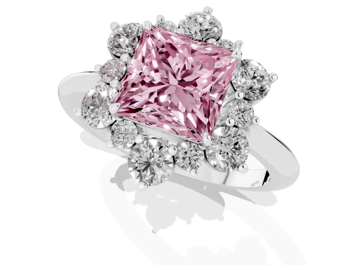 Fancy Pink Princess Cut Diamond Cluster Halo Ring with Solitaire Band and Four-Prong Setting Platinum