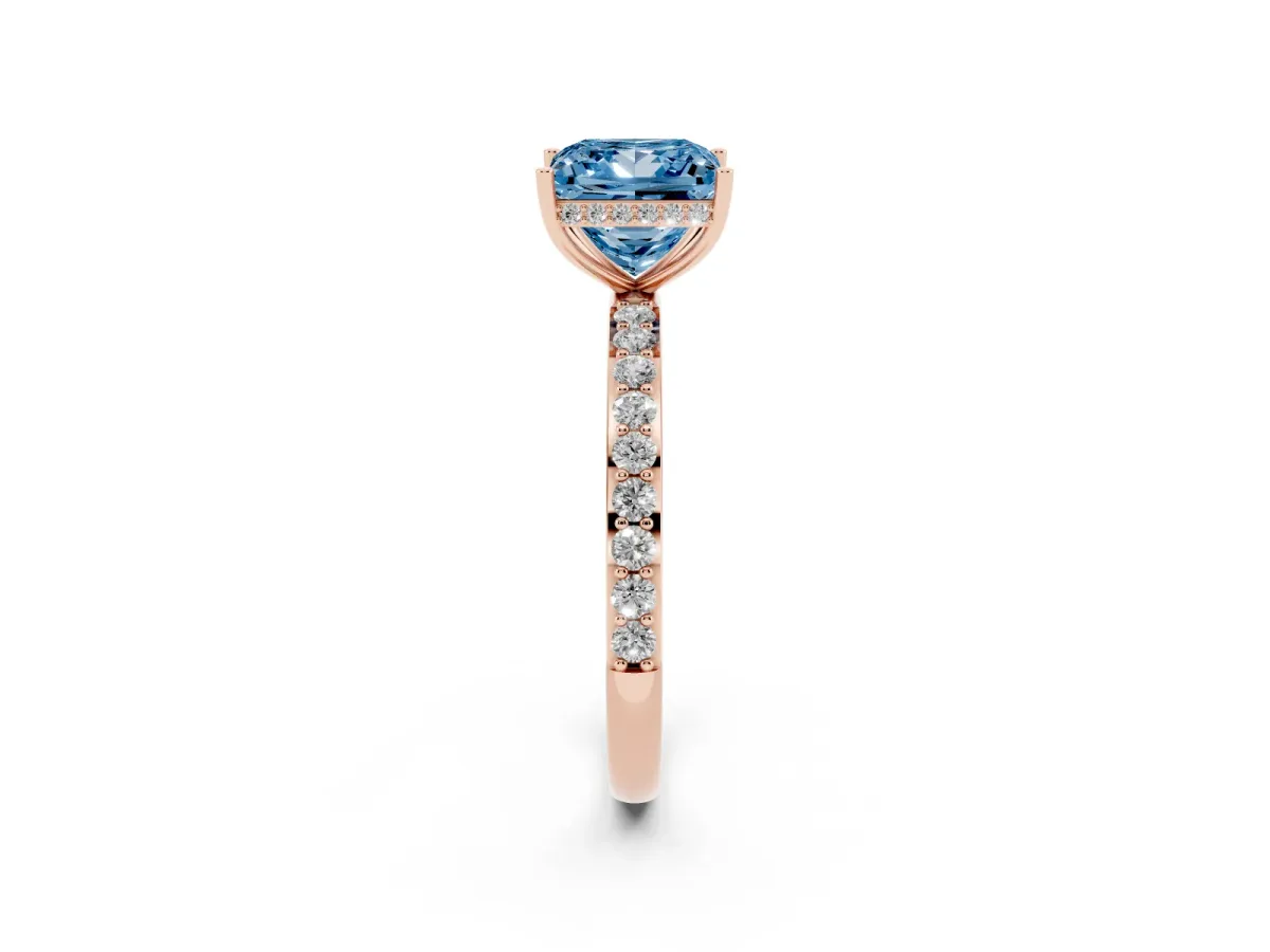 Fancy Blue Princess Cut Diamond Solitaire Ring with Pavé Band and Hidden Halo Rose gold