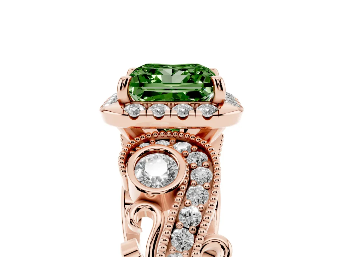 Fancy Green Princess Cut Diamond Halo Ring with Milgrain Pavé Band and Four-Prong Setting Rose gold