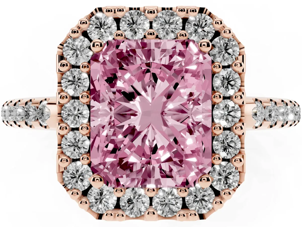 Fancy Pink Radiant Cut Diamond Pavé Halo Ring with Four-Prong Setting Rose gold