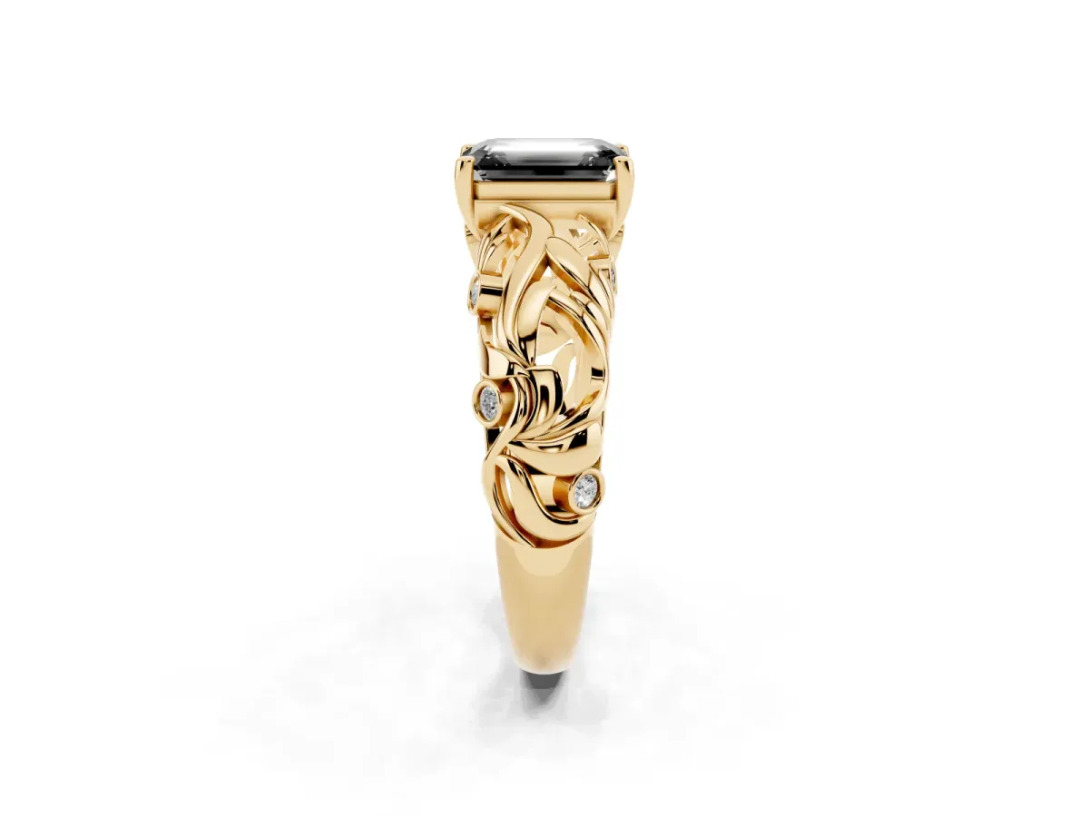 Fancy Black Emerald Cut Solitaire Diamond Leaf-Inspired Vine Band Ring with Prong Setting Yellow gold