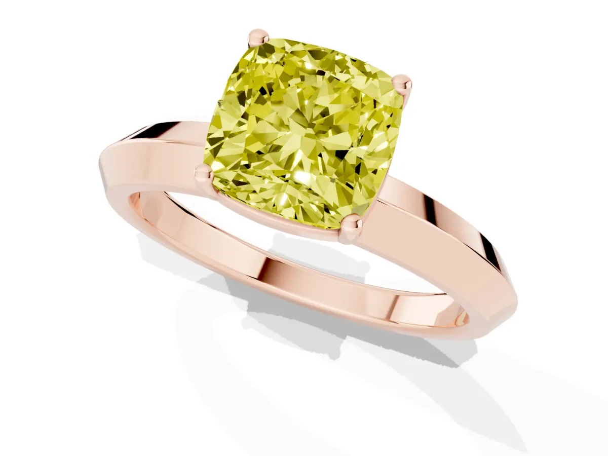 Fancy Yellow Cushion Cut Cut Solitaire Engagement Ring with Flat Band and Four-Prong Setting Rose gold