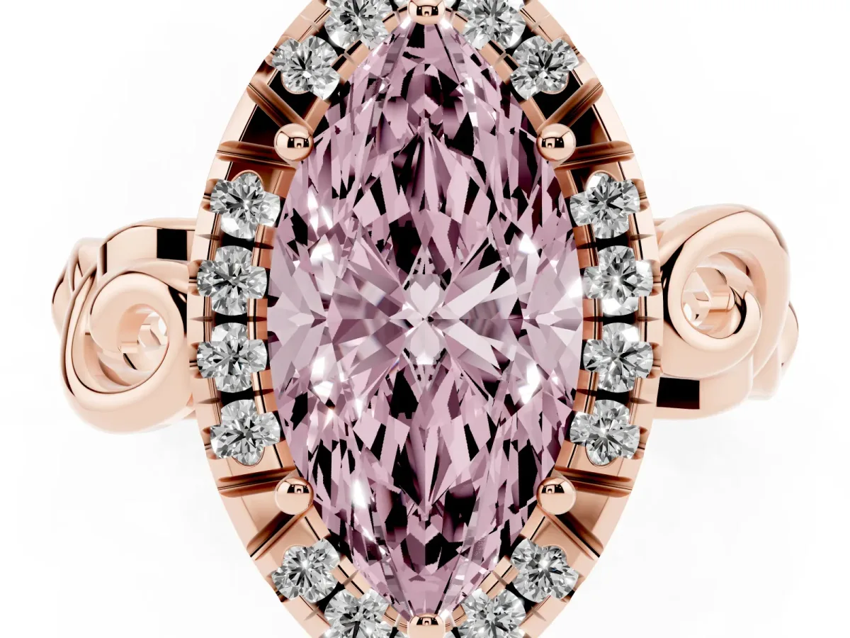 Fancy Pink Marquise Cut Cut Halo Diamond Ring with Scrollwork Band and Four-Prong Setting Rose gold
