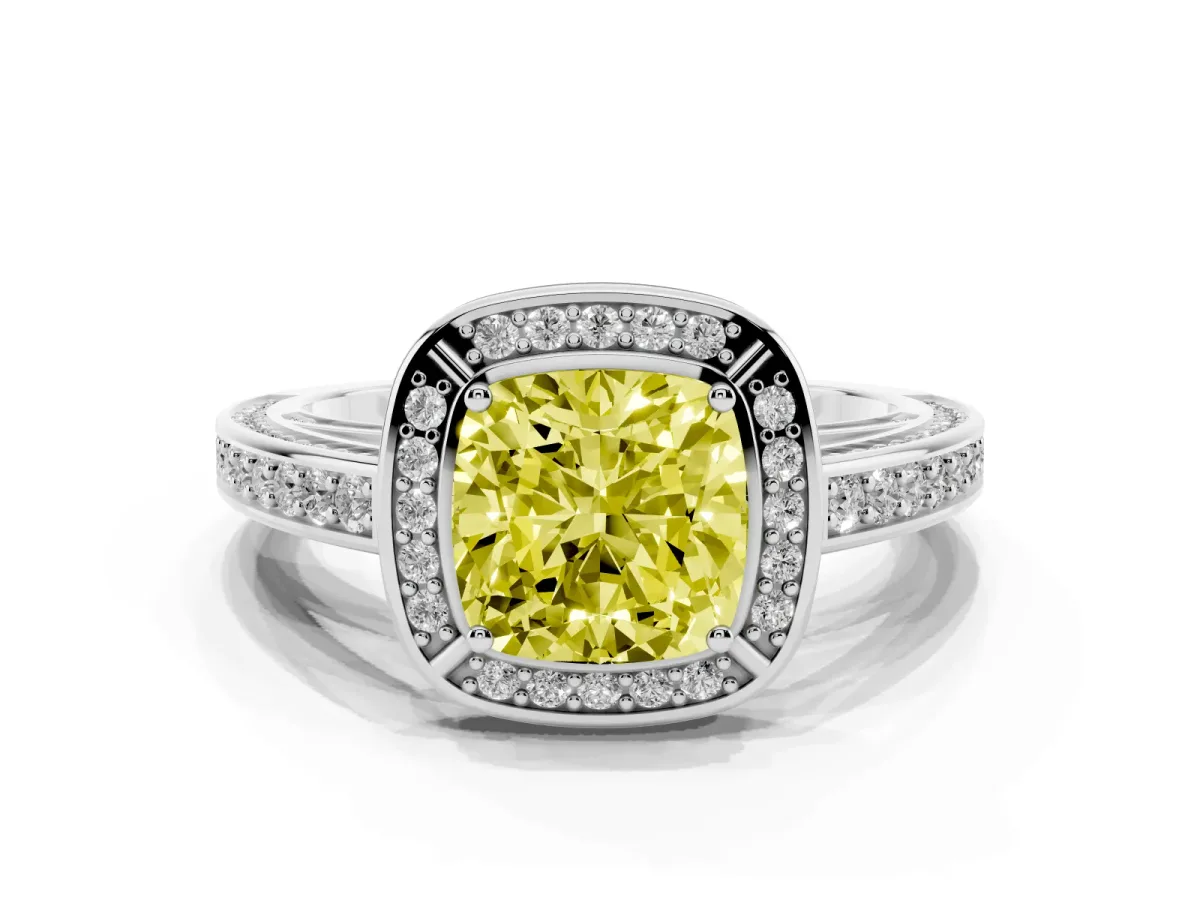 Fancy Yellow Cushion Cut Cut Halo Pave Split Shank Prong Setting Ring Platinum