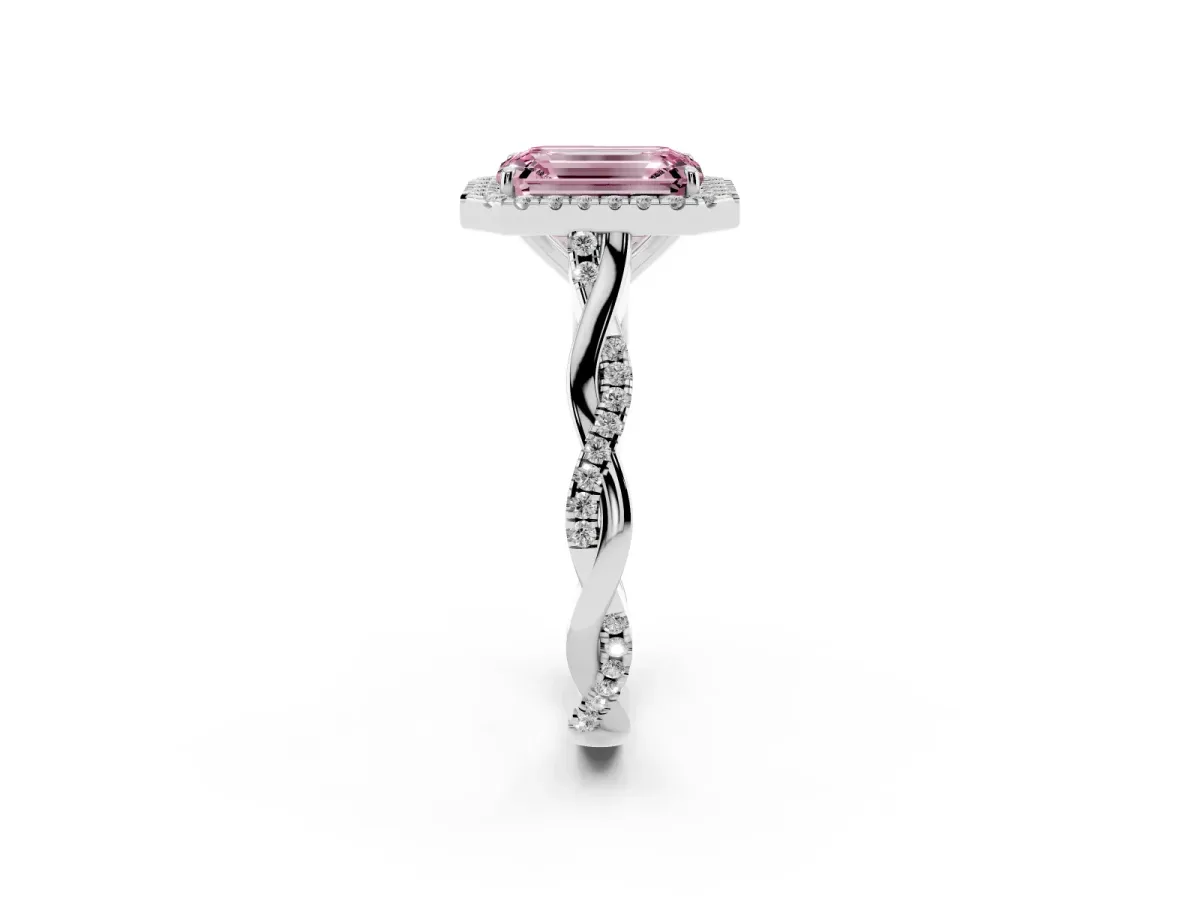 Fancy Pink Emerald Cut Halo Twist Band Solitaire Ring Silver
