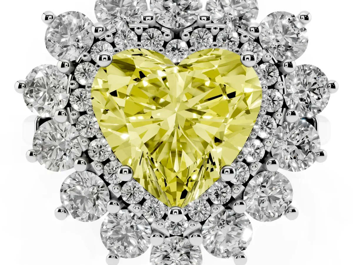Fancy Yellow Heart Cut Diamond Floral Double Halo Engagement Ring with Prong Setting Silver
