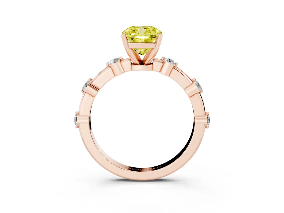 Fancy Yellow Cushion Cut Solitaire Diamond Ring with Bezel Set Side Stones and Prong Setting Rose gold