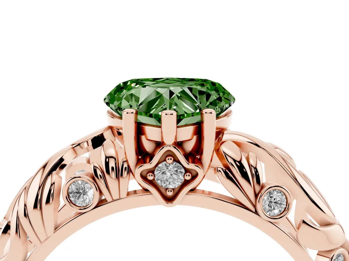 Fancy Green Heart Cut Solitaire Diamond Leaf-Inspired Vine Band Ring with Prong Setting Rose gold