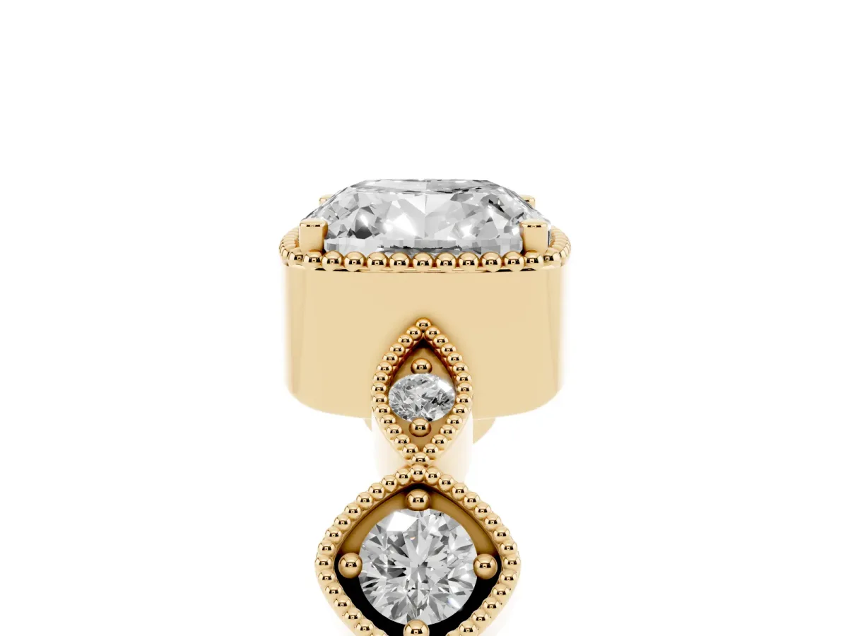 Cushion Cut Diamond Vintage Milgrain Ring with Round Stations Yellow gold