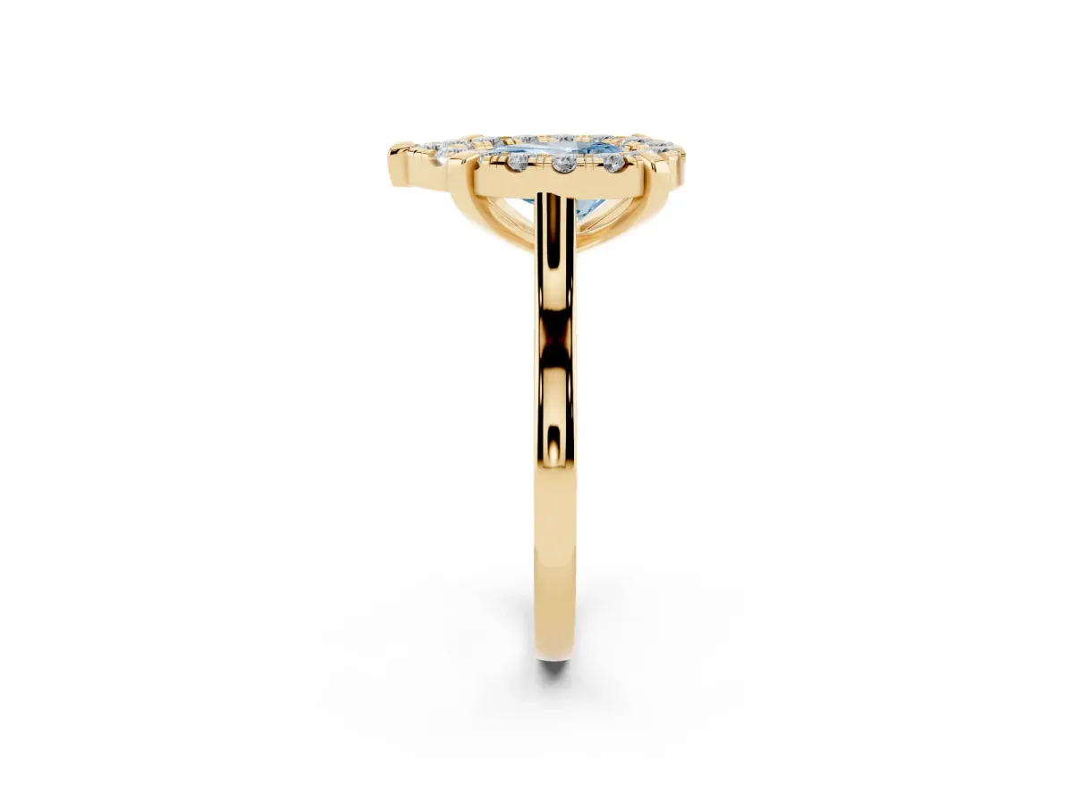 Fancy Blue Pear Cut Diamond Cluster Halo Solitaire with Four-Prong Setting Yellow gold