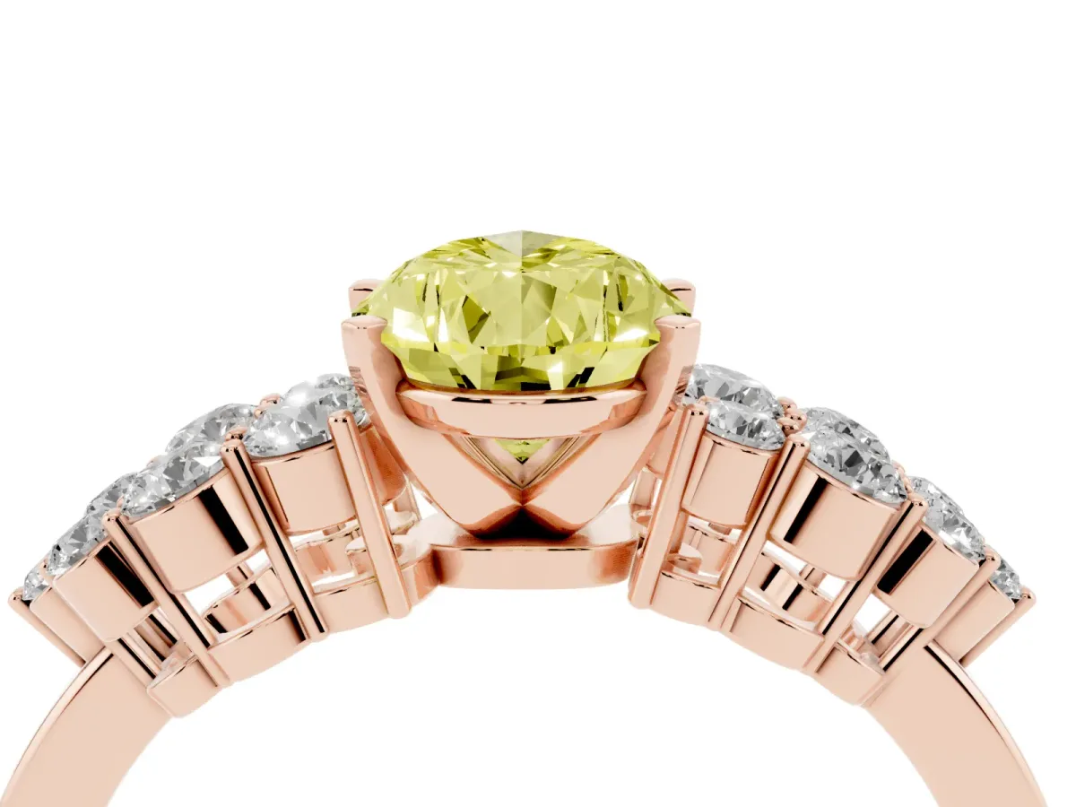 Fancy Yellow Pear Cut Cluster Diamond Engagement Ring with Pavé Band and Four-Prong Setting Rose gold