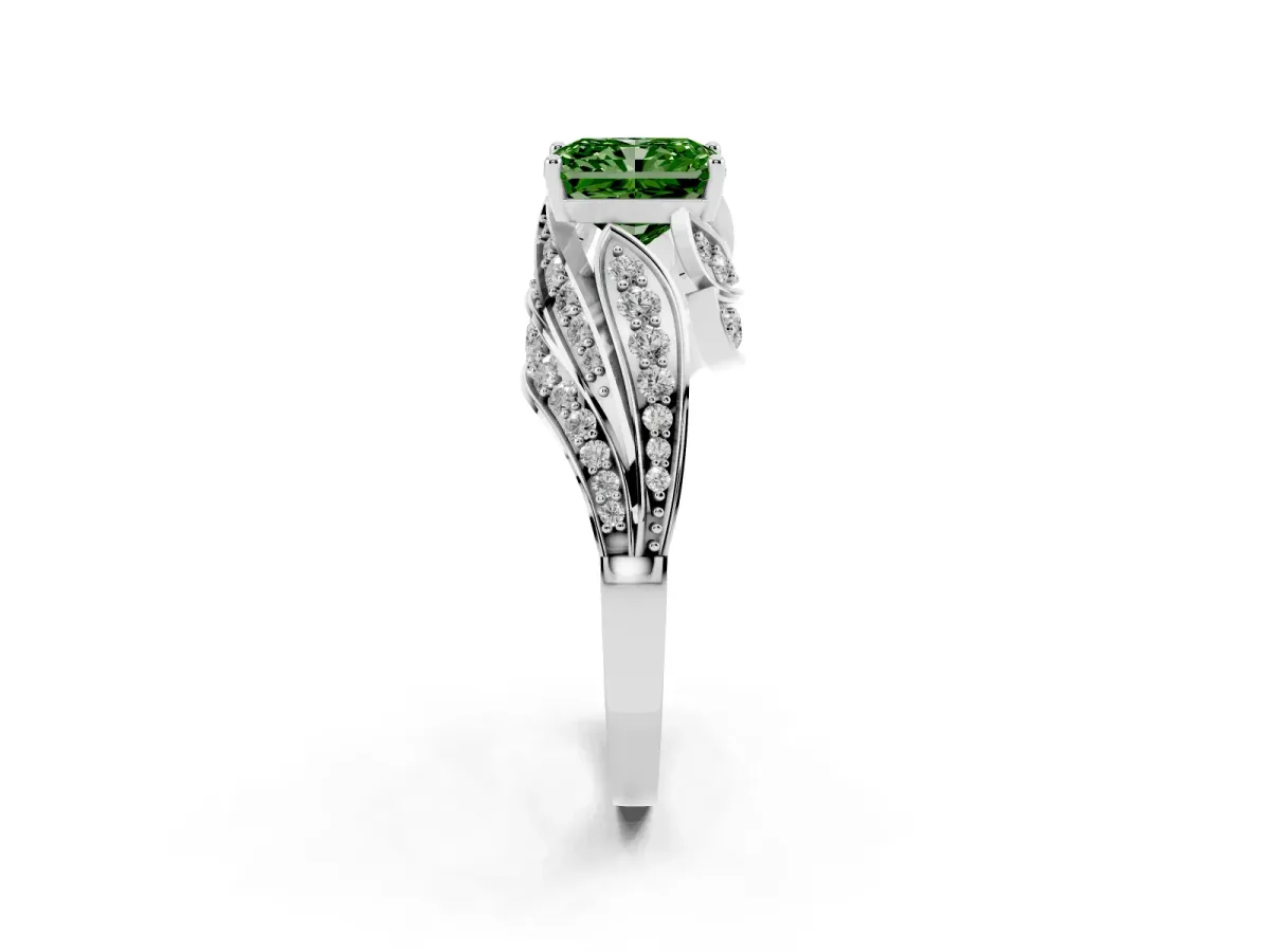 Fancy Green Radiant Cut Diamond Solitaire Ring with Prong Setting and Twisted Pavé Band Silver