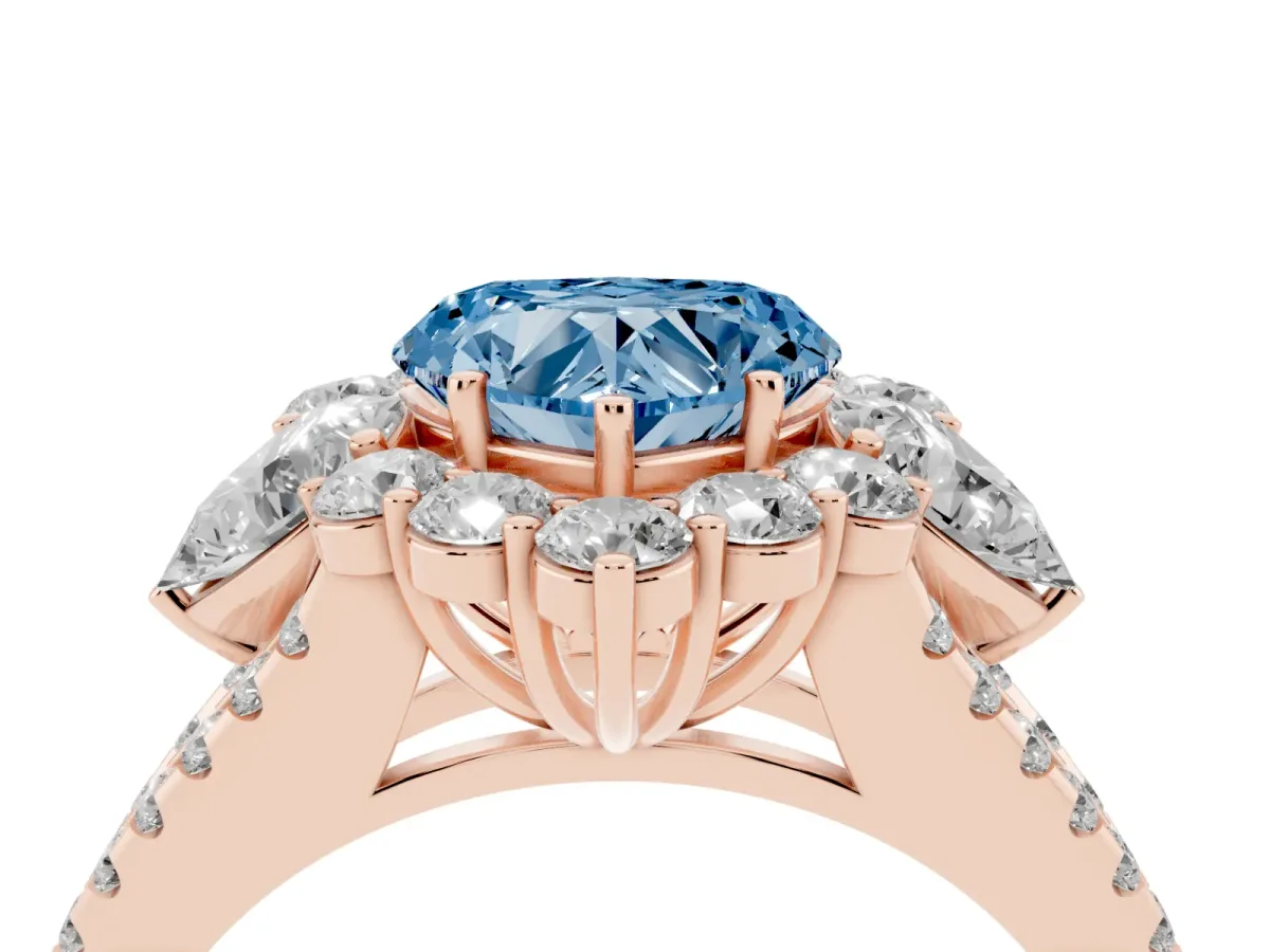 Fancy Blue Heart Cut Halo Split Shank Diamond Engagement Ring with Prong Setting Rose gold