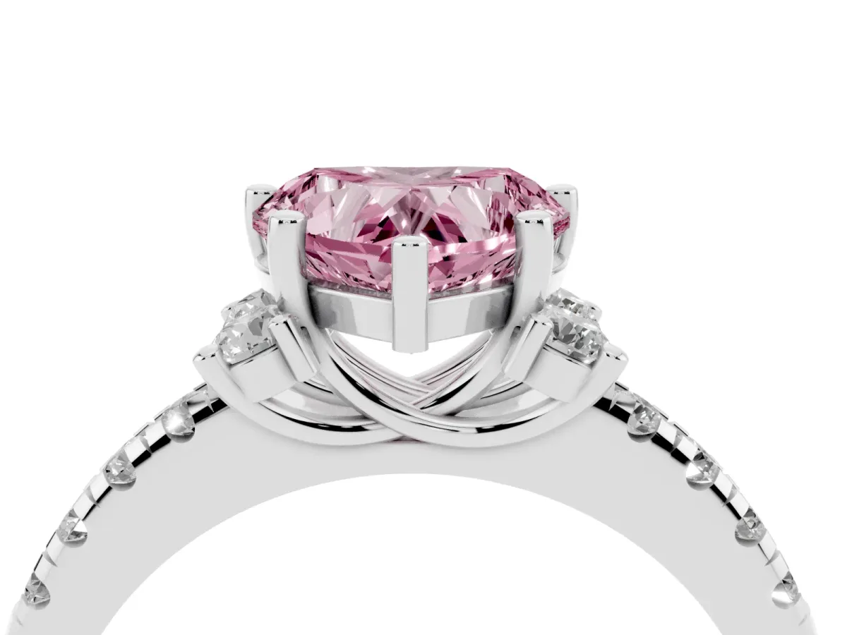 Fancy Pink Heart Cut Diamond Three-Stone Pave Band with Four-Prong Setting Silver