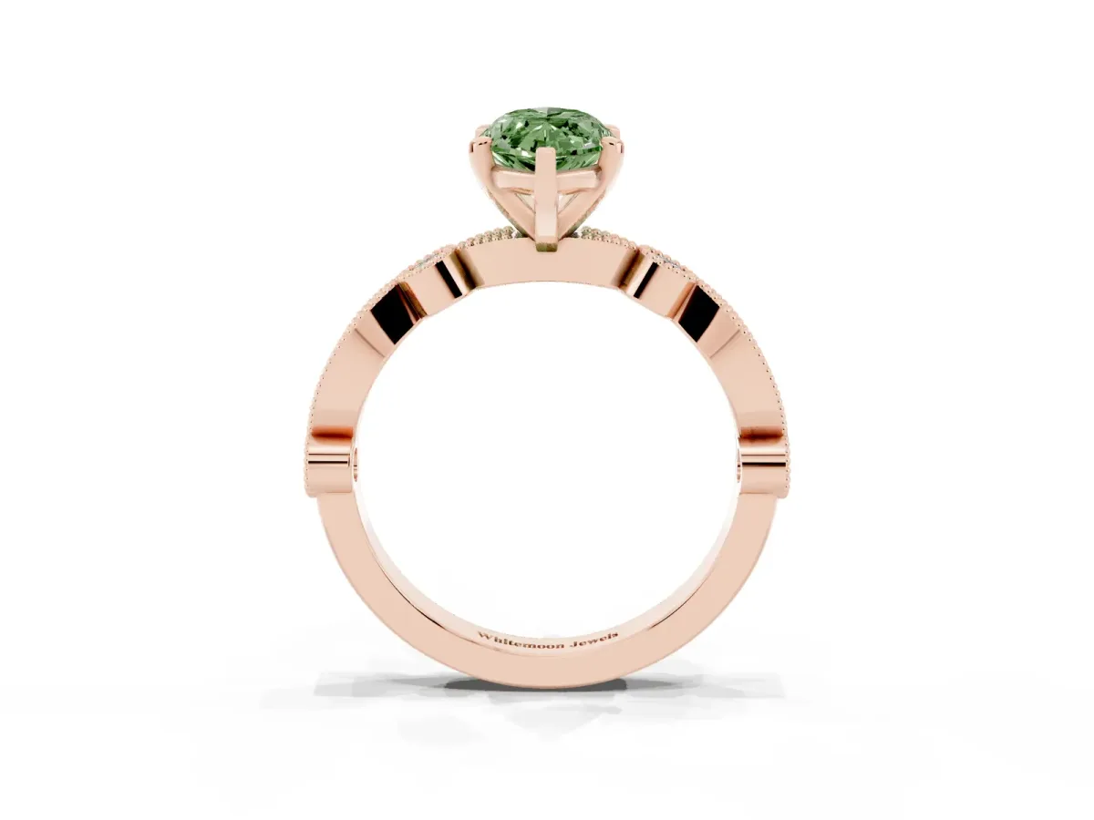 Fancy Green Marquise Cut Milgrain Bezel Diamond Engagement Ring with Solitaire Prong Setting Rose gold