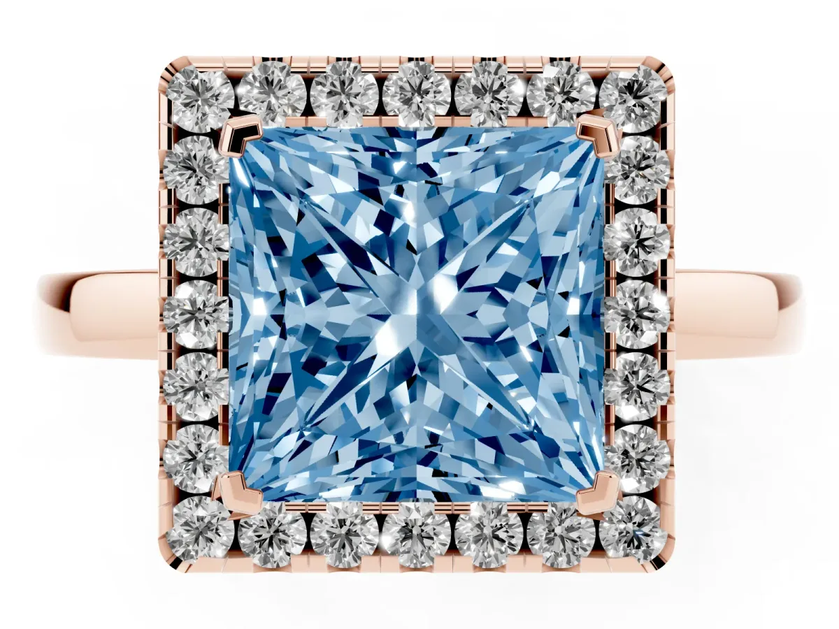 Fancy Blue Princess Cut Halo Diamond Solitaire with Pavé Band and Four-Prong Setting Rose gold