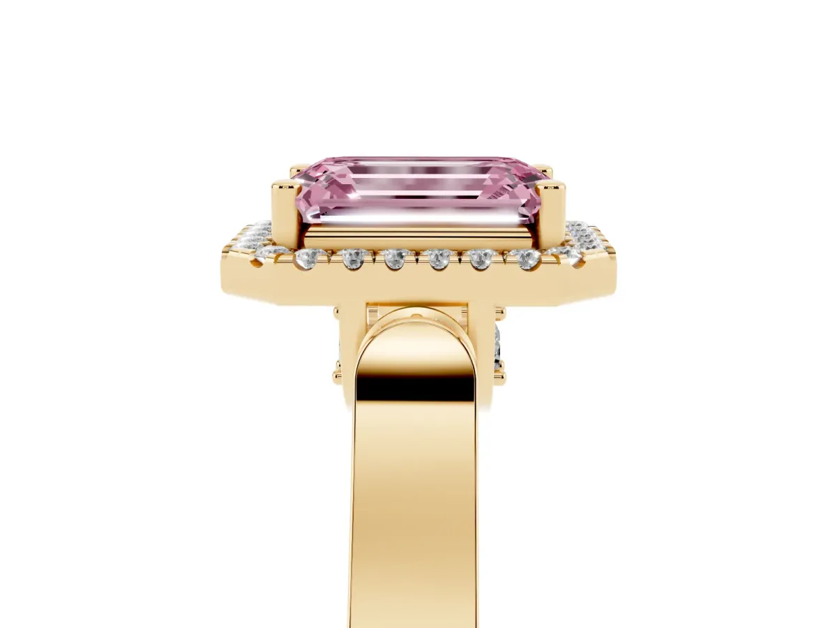 Fancy Pink Emerald Cut Halo Pave Split Shank Prong Setting Ring Yellow gold