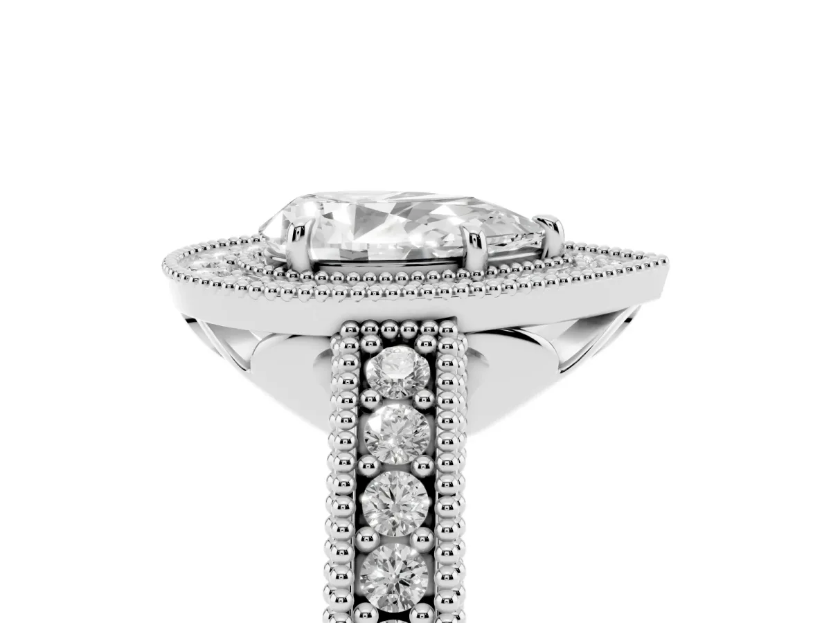 Pear Cut Cut Halo Diamond Ring with Pavé Band and Four-Prong Setting Silver