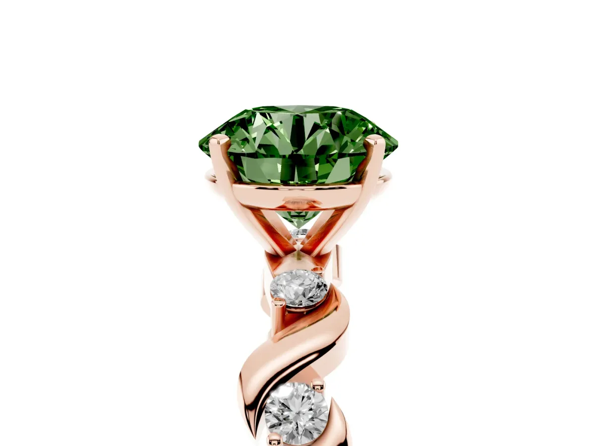 Fancy Green Round Cut Diamond Solitaire Twisted Band with Round Accents and Prong Setting Rose gold