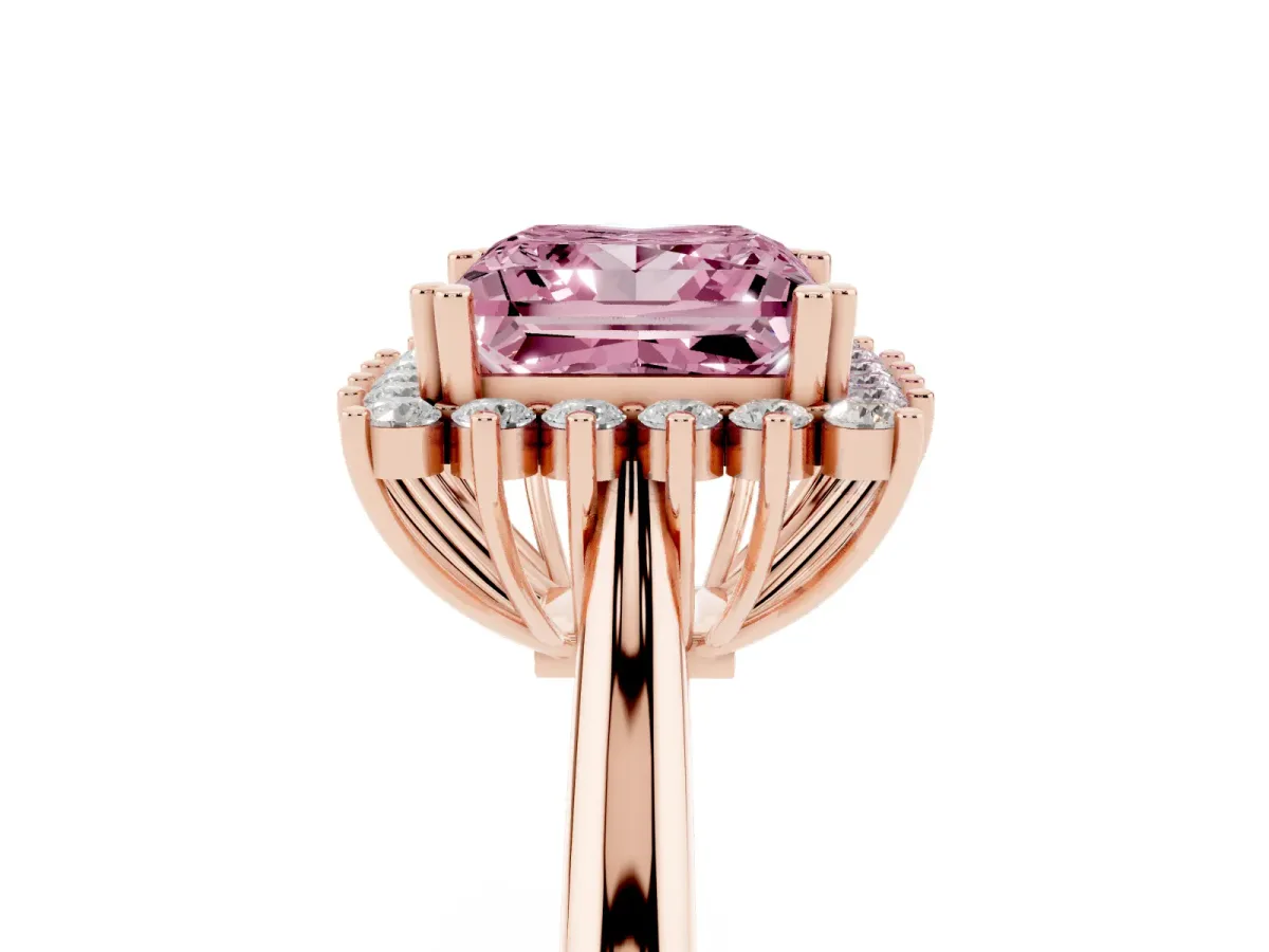 Fancy Pink Princess Cut Cut Diamond Halo Ring with Solitaire Band and Prong Setting Rose gold