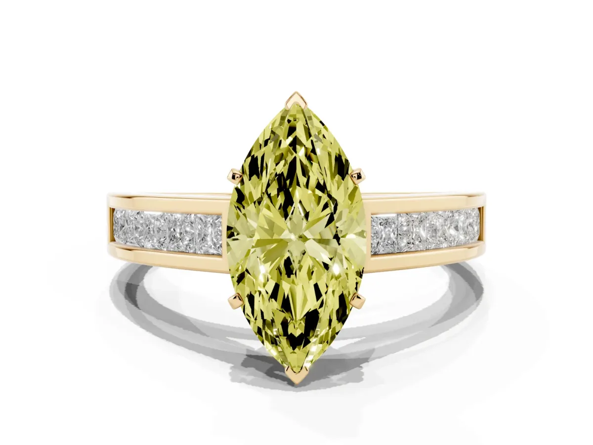 Fancy Yellow Marquise Cut Solitaire Diamond Ring with Channel-Set Band and Four-Prong Setting Yellow gold