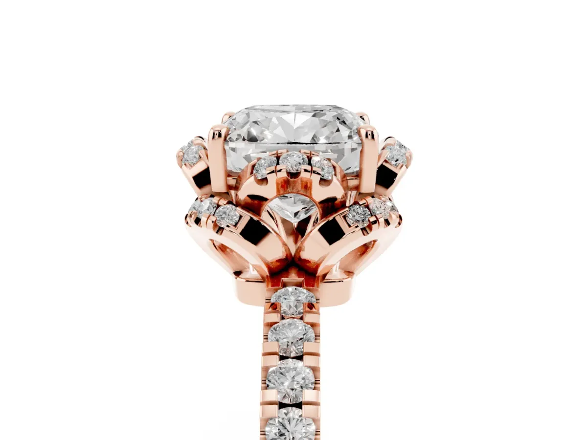 Cushion Cut Halo Diamond Pave Band Ring with Four-Prong Setting Rose gold