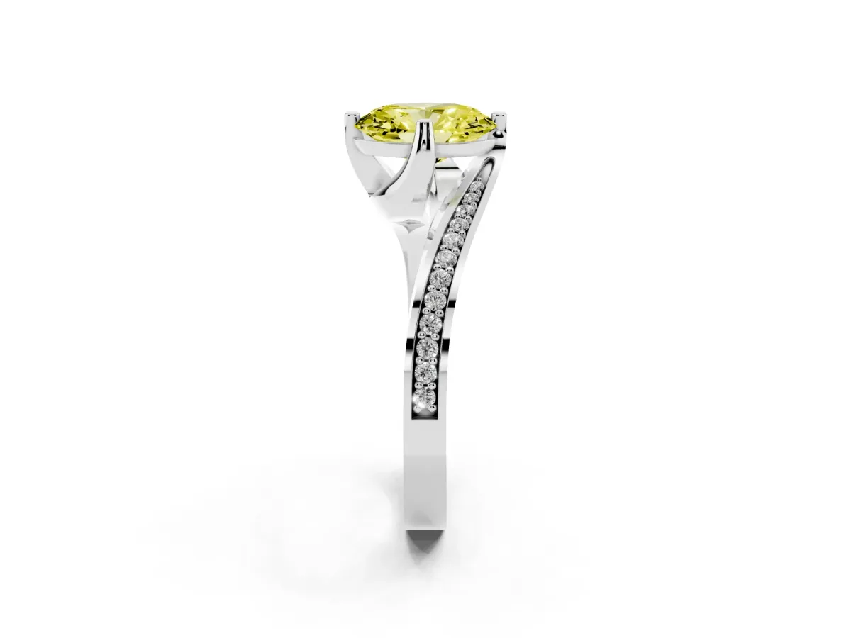 Fancy Yellow Oval Cut Solitaire Diamond Twist Band with Pavé Setting and Four-Prong Setting Platinum