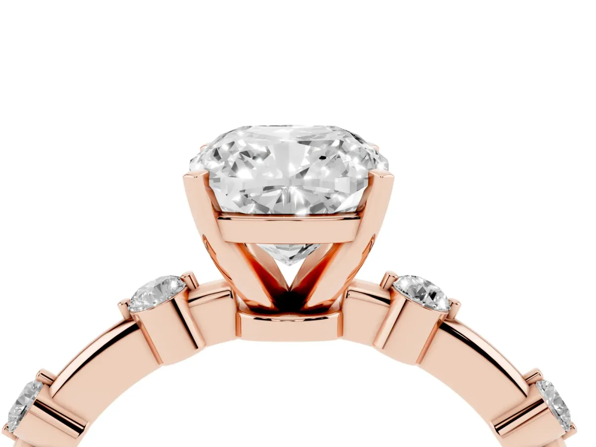 Cushion Cut Solitaire Diamond Ring with Bezel Set Side Stones and Prong Setting Rose gold