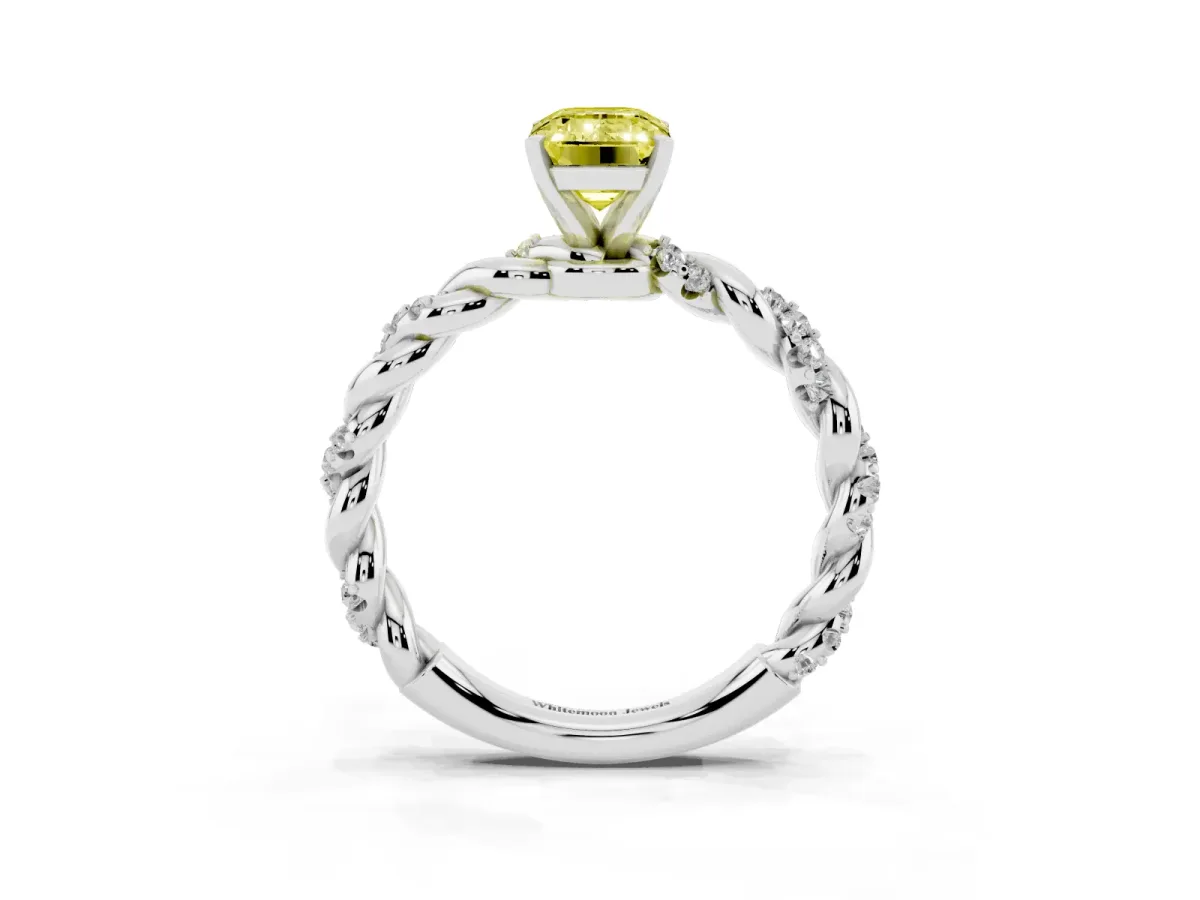 Fancy Yellow Emerald Cut Diamond Solitaire Ring with Twisted Band and Pavé Accents Platinum